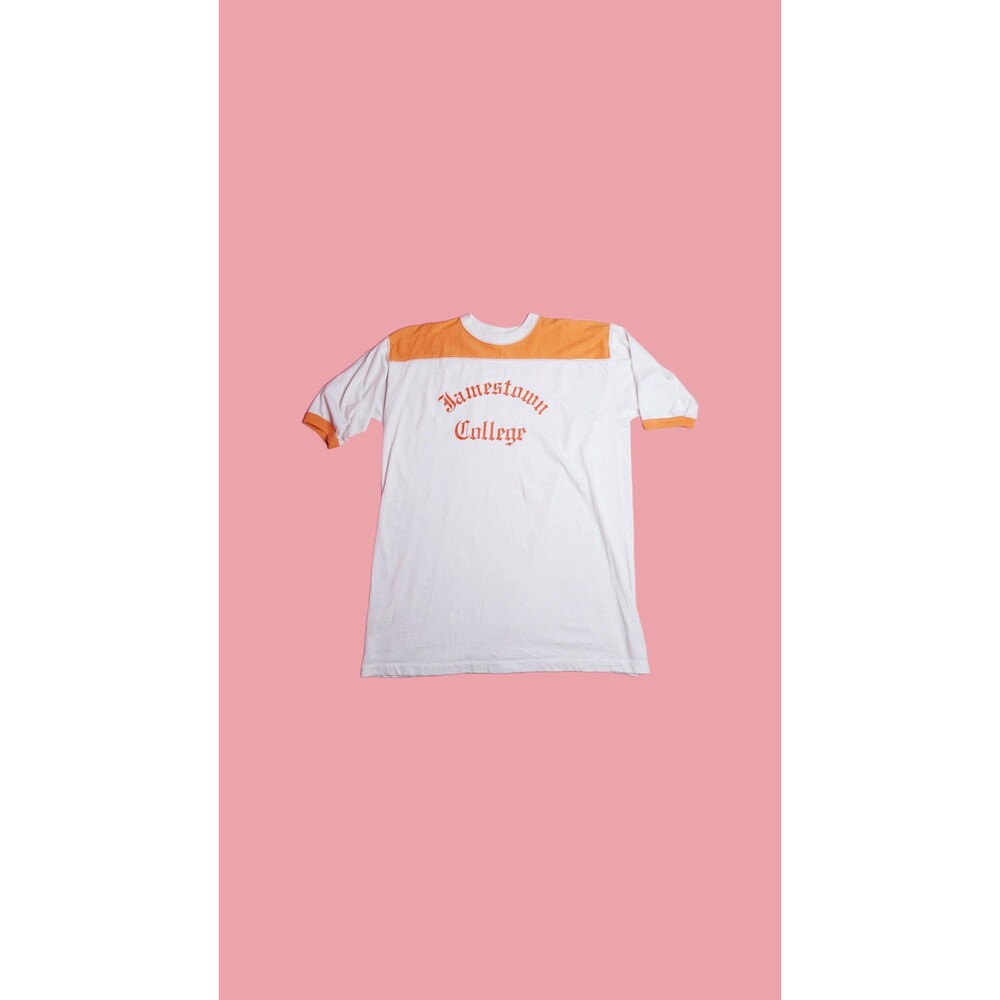 1960s-1970s JAMESTOWN COLLEGE DOWNERWEAR Raglan Short Sleeve T Shirt L-XL. AS IS